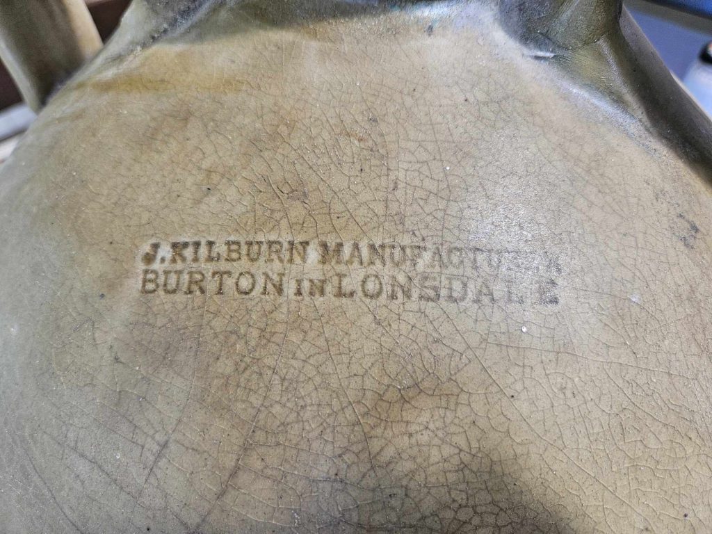 J.Kilburn. Manufacturer Burton-in-Lonsdale, Greta Pottery. Ten gallon bottle